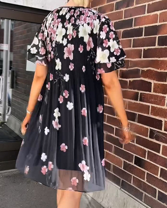 Kleid Rüsche Kurzarm Blumen Plissiert