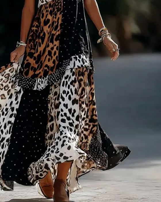 Kleid V-Ausschnitt Leopard Tupfen Rüsche