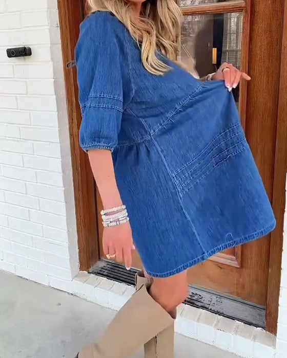 Kleid V-Ausschnitt Mittel Ärmel Plissiert Denim Babydoll