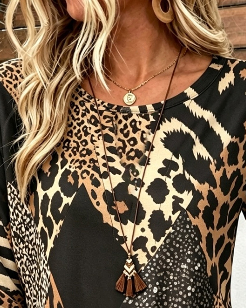 Bluse Rundhals Knopf Leopard Gerafft