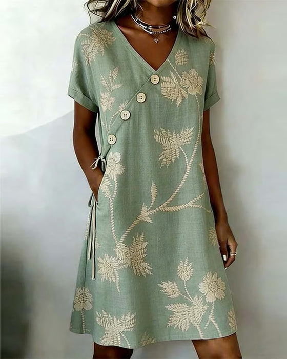 Kleid Diagonal Knopf Druck V-Ausschnitt Midi