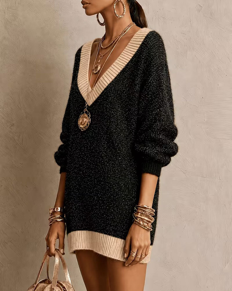 Kleid V-Ausschnitt Langarm Locker Gestrickt Pullover