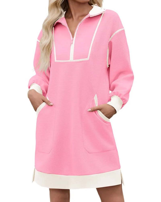 Kleid Halb Zip Langarm Farbblock Kurz