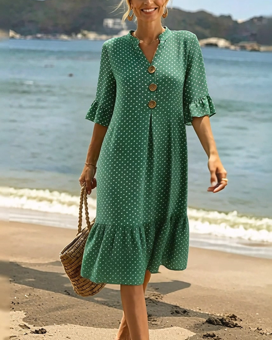 Kleid Polka Dot V-Ausschnitt Rüsche Ärmel