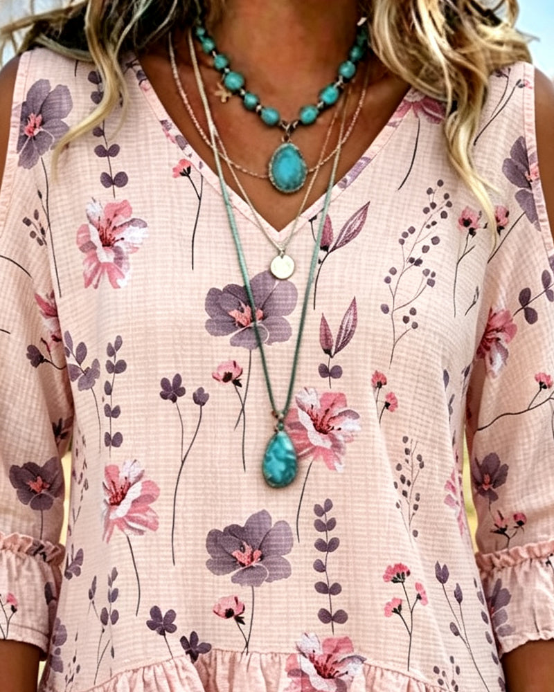 Bluse Blumenmuster Schulterfrei Rüschenärmel