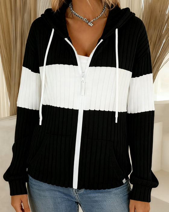 Color-blocking Mantel mit Kapuze und Reißverschluss