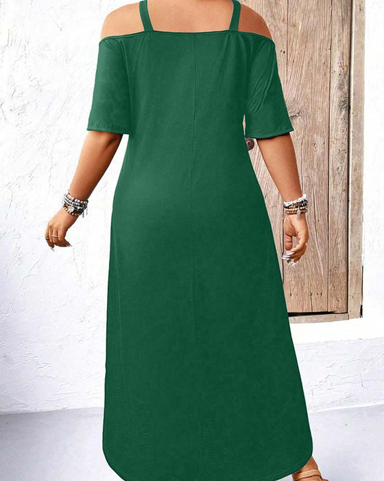 Kleid Einfarbig V-Ausschnitt Off-Shoulder Lang
