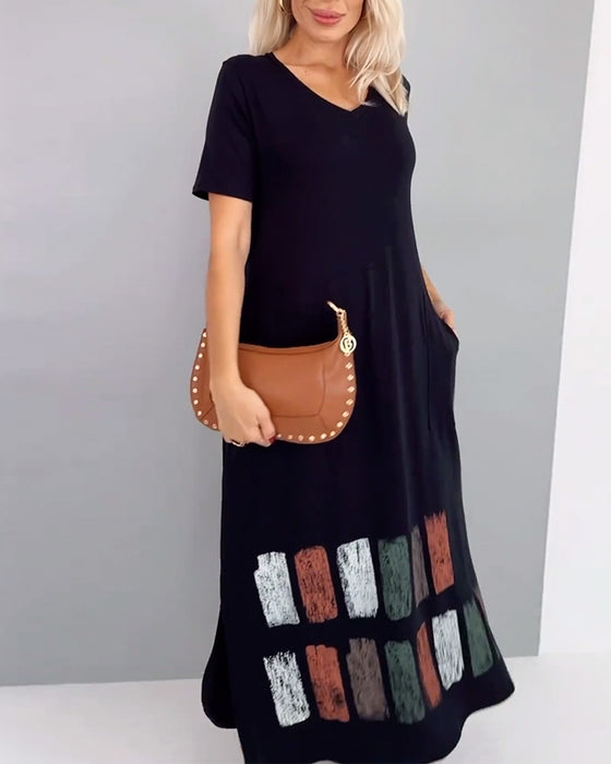 Kleid V-Ausschnitt Bedruckt Schlitz Lässig Kurzarm