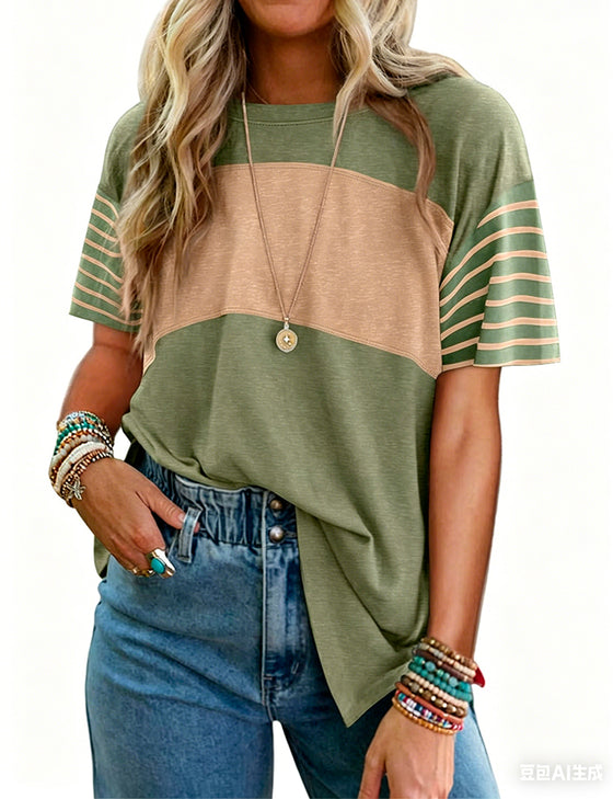 T-Shirt Pullover Gestreift Farbblock Kurzarm