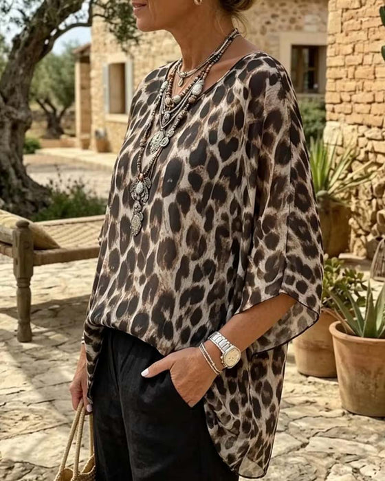 Bluse Leopard Fledermaus-Ärmel Locker
