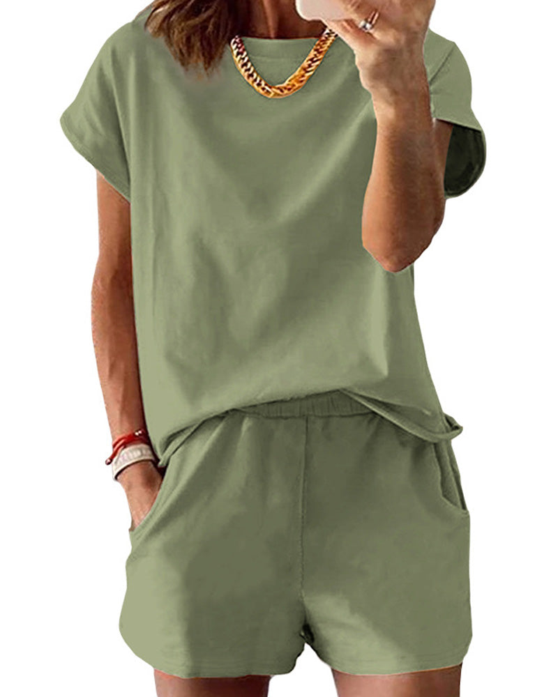 Set Rundhalsausschnitt Einfarbig Tasche Kurzarm Shorts