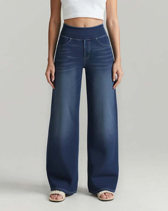 Hose Elastische Taille Denim Weites Bein