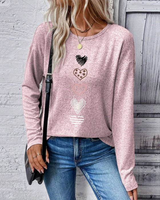 Top Langarm Rundhals Liebesherz-Print