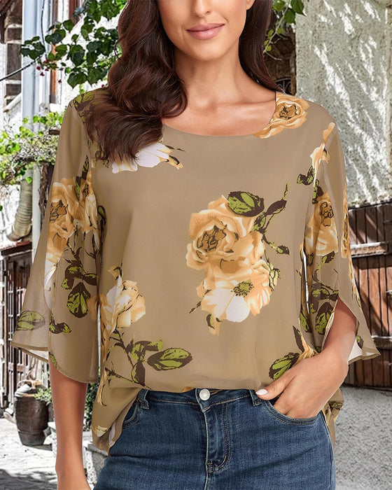 Bluse Rundhals Blumenmuster Schlitzärmel Lässig
