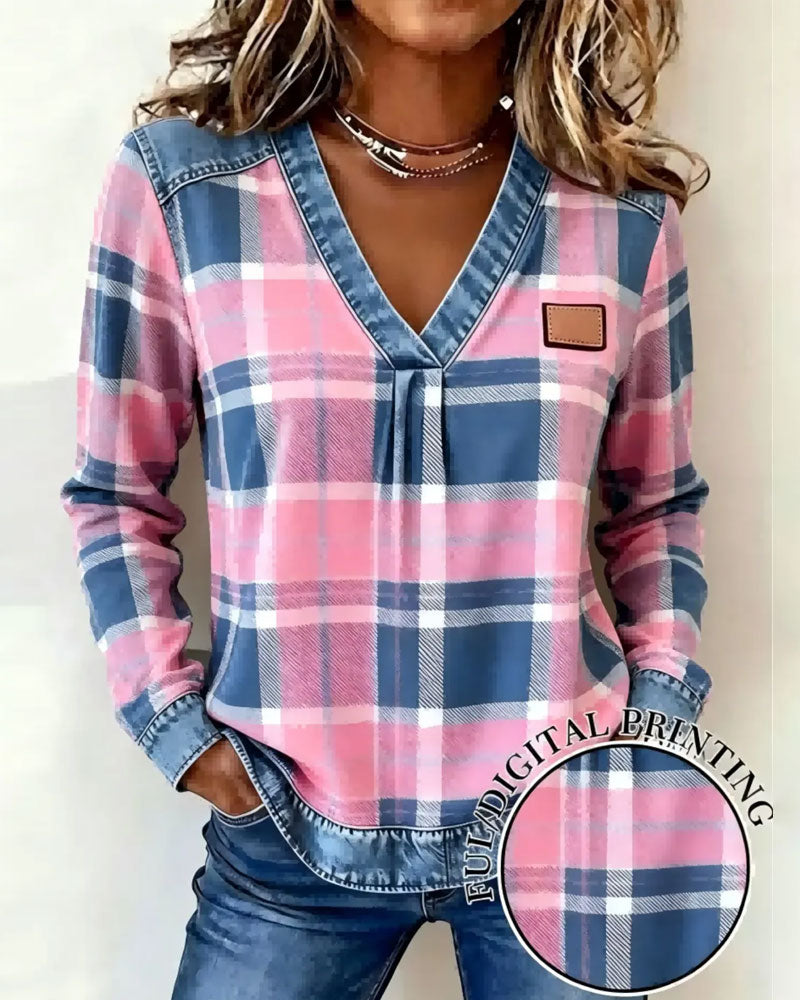 Oberteil V-Ausschnitt Karo Denim Patchwork