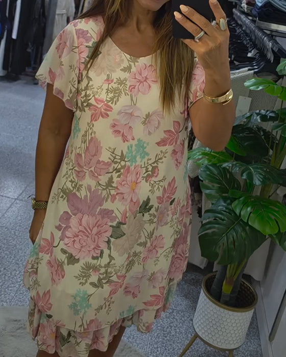 Kleid Rundhals Blumig Doppelte Schicht