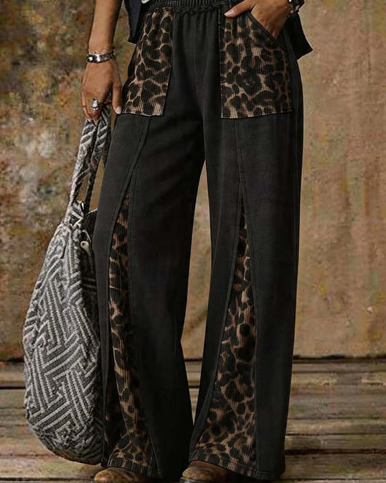 Hose Leopardenprint Weit Patchwork Lässig