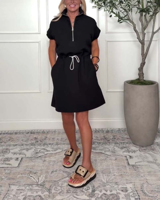 Kleid Reißverschluss Kordelzug Taille Lässig