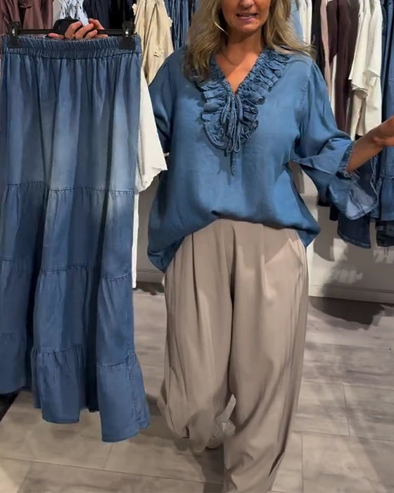 Bluse Rüsche Besatz Binden Denim