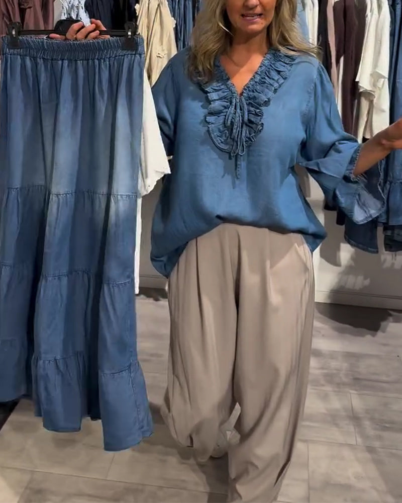 Bluse Rüsche Besatz Binden Denim