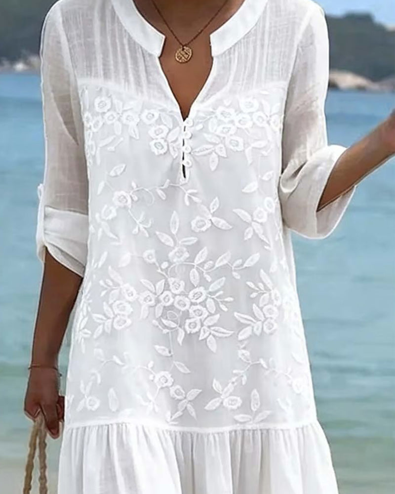 Kleid V-Ausschnitt Bestickt Urlaub Stil