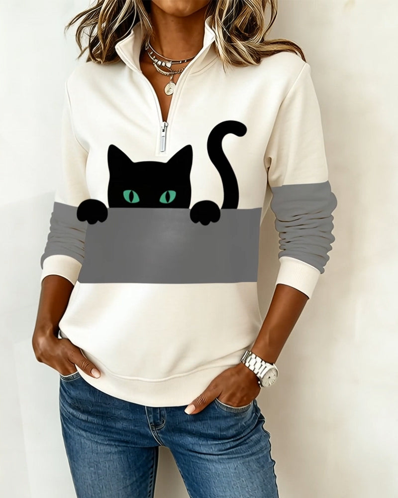 Sweatshirt Halbreißverschluss Katzenprint