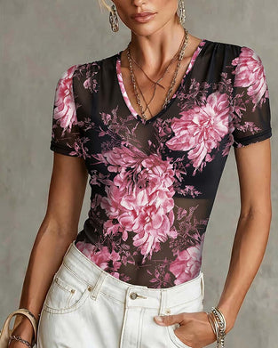 T-Shirt Mit V-Ausschnitt Und Blumenmuster Kurzarm