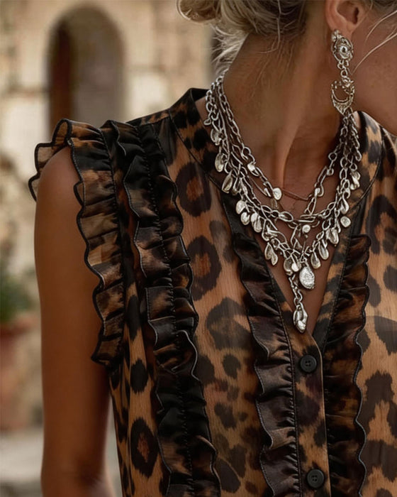 Tank Top Ärmellos Leopard Druck Rüsche
