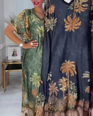 Kleid V-Ausschnitt Palmenbaum Druck Kurzarm Lang