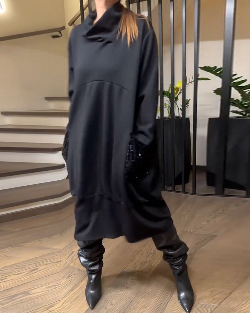 Sweatshirtkleid Hoher Kragen Plus Größe Glitzernd Tasche