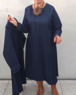 Kleid Rundhals Tasche Gerade Langarm Denim