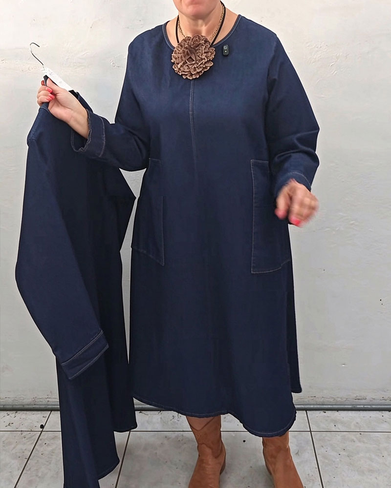 Kleid Rundhals Tasche Gerade Langarm Denim