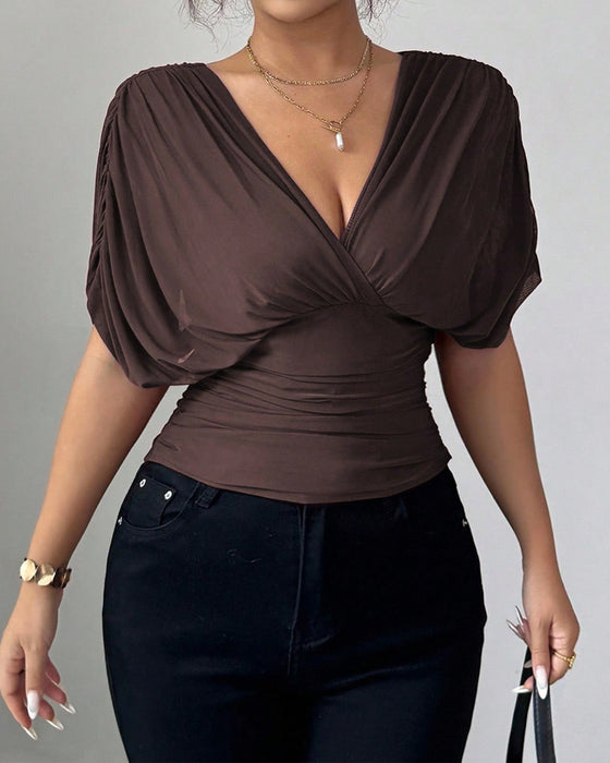 Bluse Uni Farbe Tiefer V-Ausschnitt Taille Kurzarm