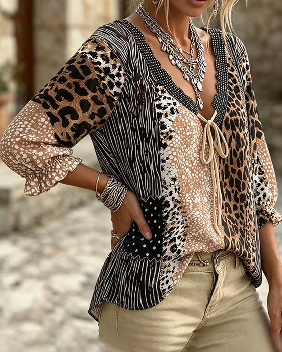 Bluse V-Ausschnitt Leopard Punkt Puffärmel