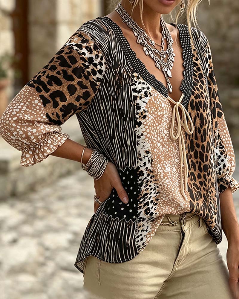 Bluse V-Ausschnitt Leopard Punkt Puffärmel
