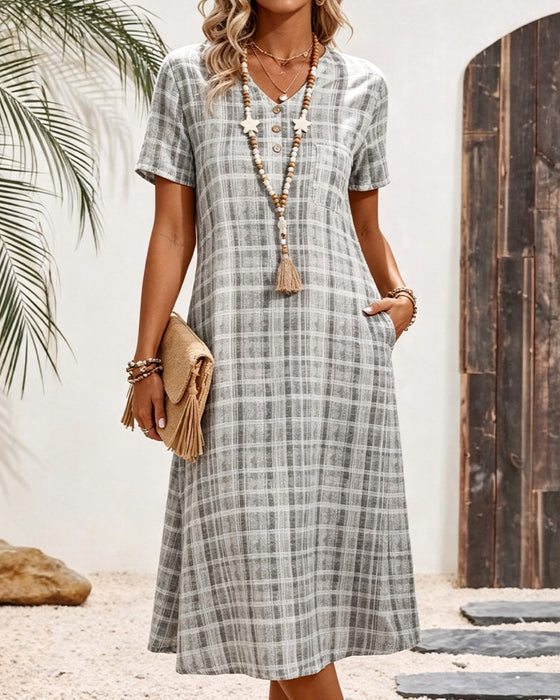 Kleid V-Ausschnitt Knopf Karo Tasche