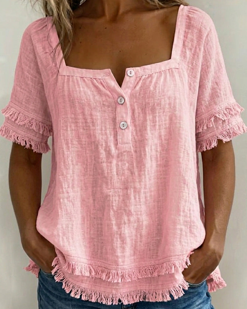 Bluse Quadratischer Ausschnitt Halbknopfleiste Franse