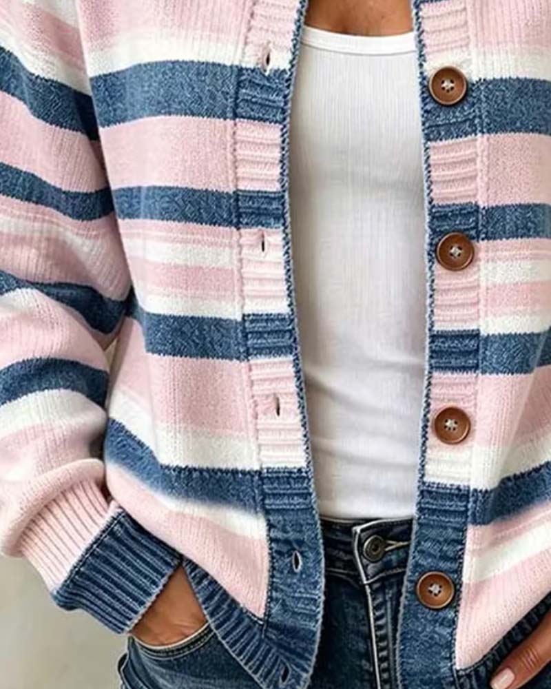 Cardigan Gestreift Rundhals Einreihig
