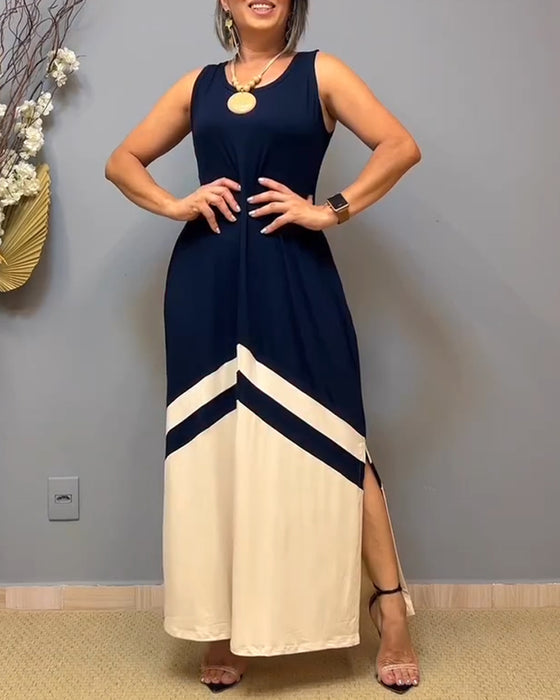 Kleid Ärmellos Kontrast Farbe Schlitz Lang