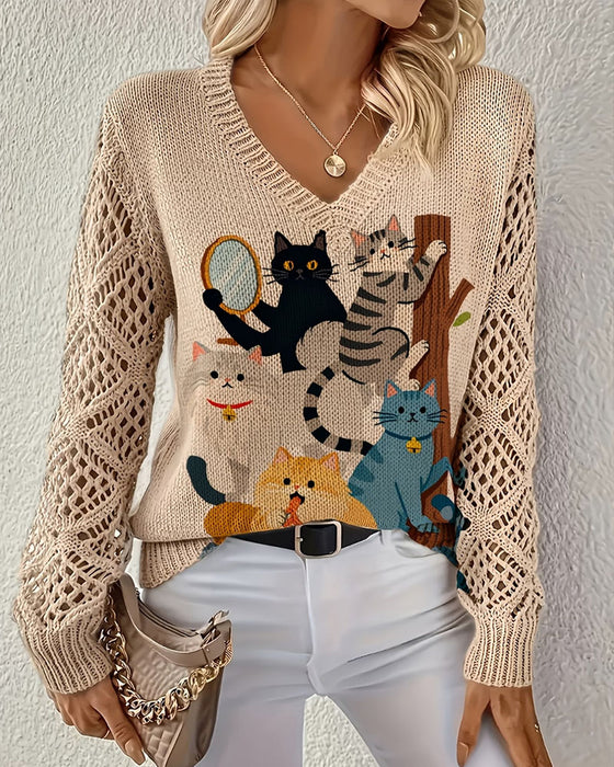 Pullover V-Ausschnitt Ausgeschnitten Cartoon Katze Druck