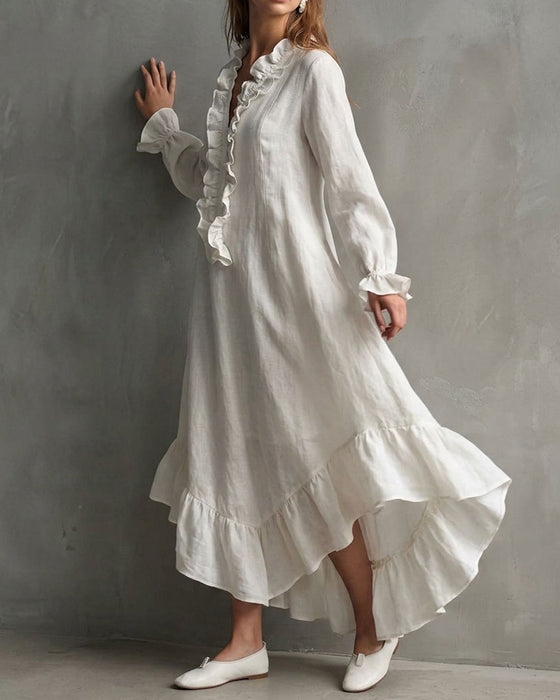 Kleid Langarm Rüschen V-Ausschnitt Maxi