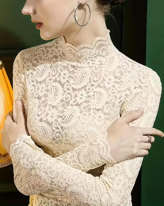 Top Elegant Unifarben Halbausschnitt Langarm Spitze