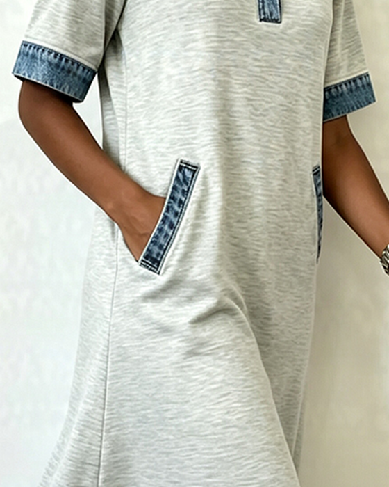 Kleid Hemdkragen Denim Patchwork Tasche