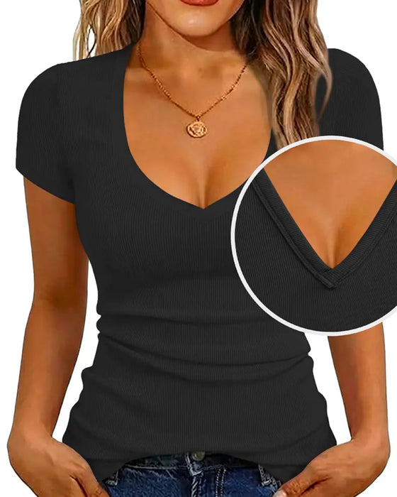 T-Shirt Gerippt Slim Fit V-Ausschnitt Kurzarm