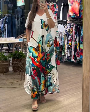 Kleid V-Ausschnitt Schmetterlingsdruck Lang