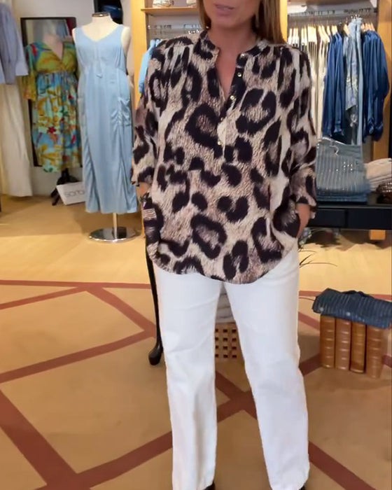 Bluse Lockeres Leopardenmuster Halbe Knopfleiste