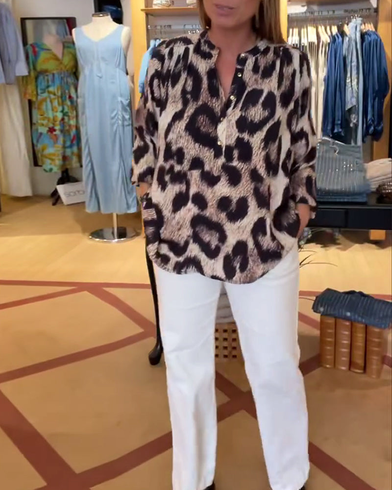 Bluse Lockeres Leopardenmuster Halbe Knopfleiste