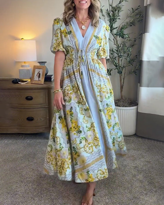 Kleid Blumig Druck V-Ausschnitt A-Linie