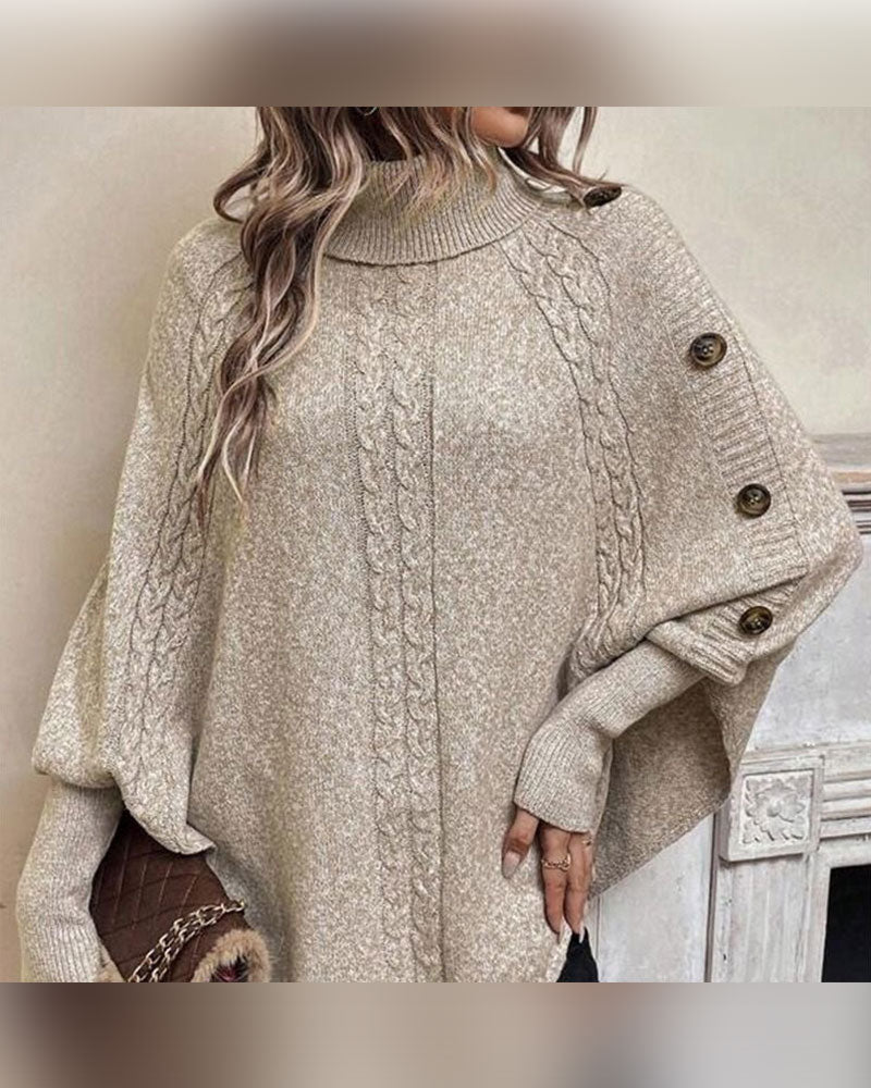 Pullover Turtleneck Unregelmäßig Zopf Knopf