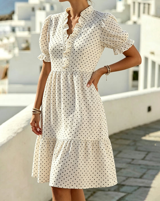 Kleid V-Ausschnitt Spitze Besatz Polka Dot